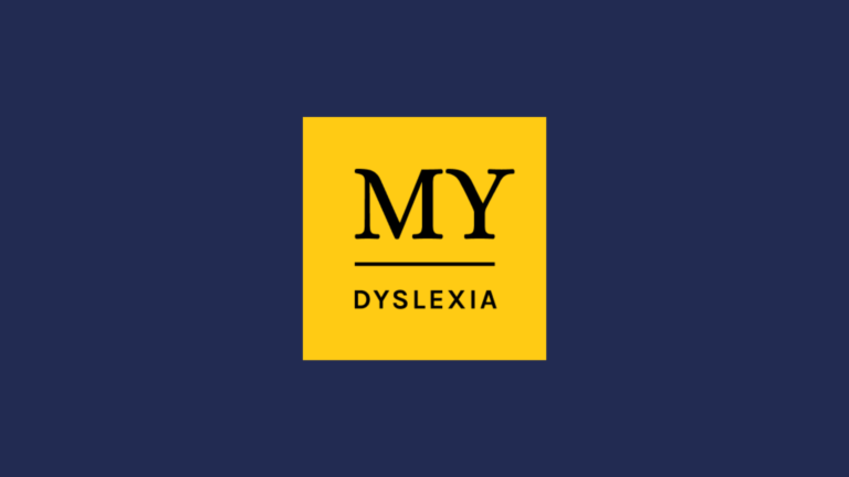 MyDyslexia-verkkokaupan logo tummansinisellä pohjalla.